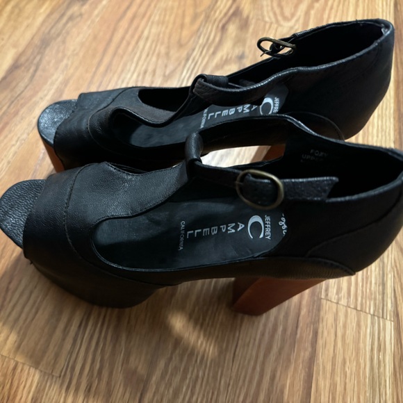 Jeffrey Campbell Black Leather Wood Platform High Heel Sandals Peep Toe - Picture 2 of 8